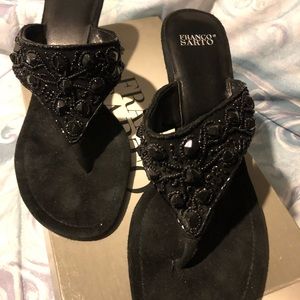 Shoes, black, low heel, suede and leather, beaded